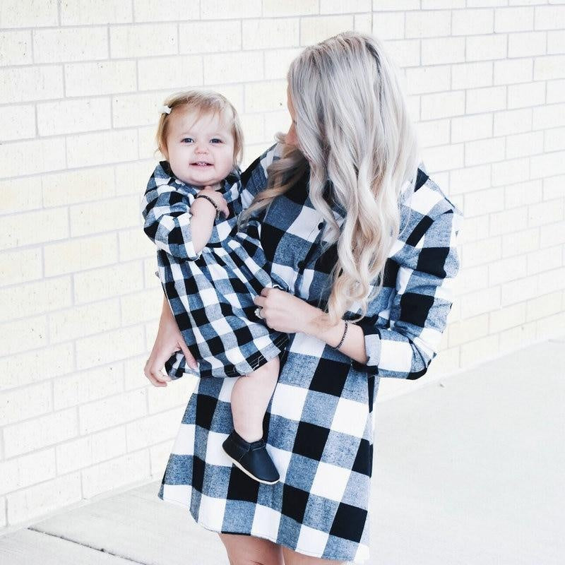 Autumn Long Sleeve Christmas Plaid Family Matching Dress Outfits