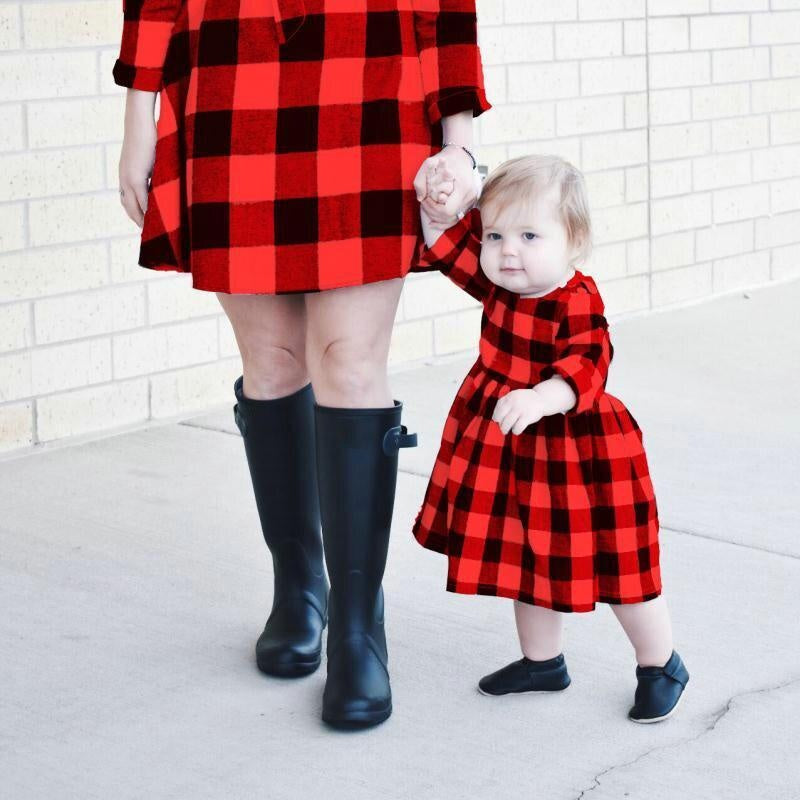 Autumn Long Sleeve Christmas Plaid Family Matching Dress Outfits