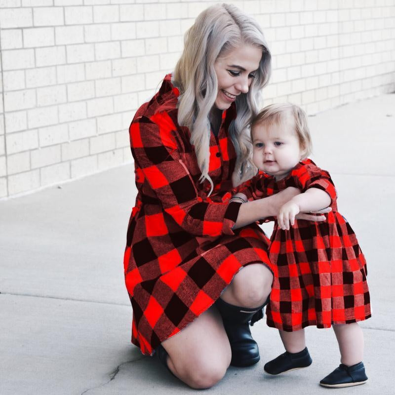 Autumn Long Sleeve Christmas Plaid Family Matching Dress Outfits