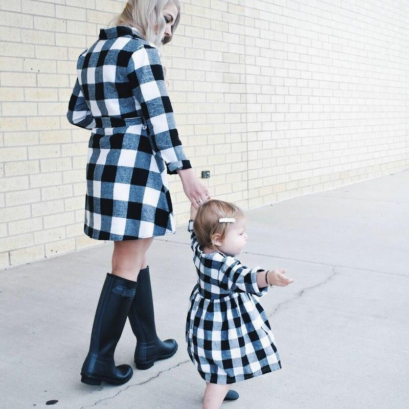 Autumn Long Sleeve Christmas Plaid Family Matching Dress Outfits