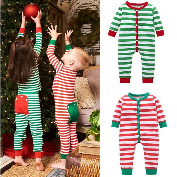 Kids Christmas Romper Comfy Striped Long Sleeve Cotton Jumpsuits 2 Pcs