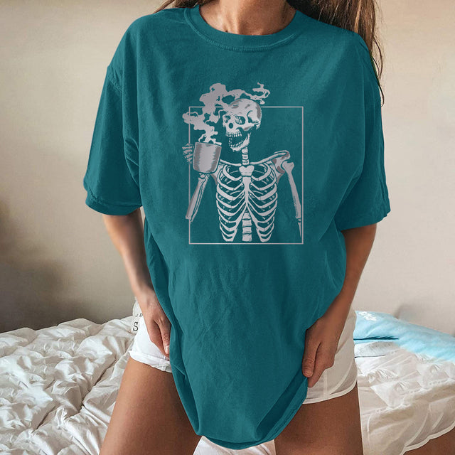Drop Shoulder Skull Skeleton Funny Tee - MomyMall White / S
