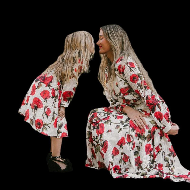 Mom And Daughter Family Matching Floral Long Sleeve Dress