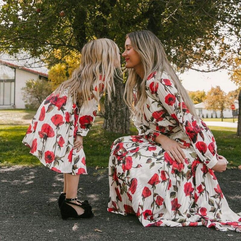 Mom And Daughter Family Matching Floral Long Sleeve Dress