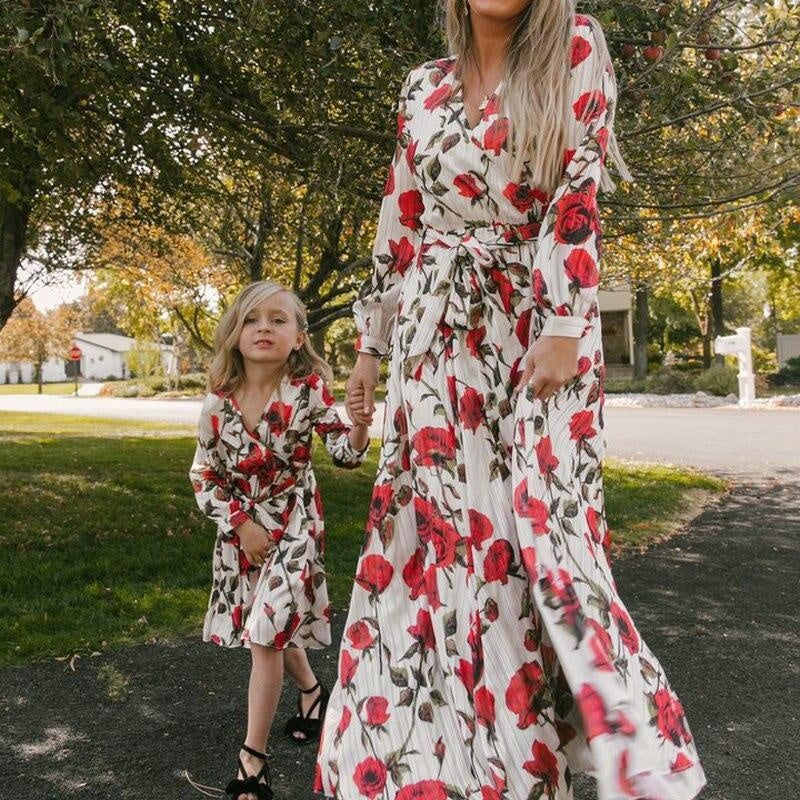 Mom And Daughter Family Matching Floral Long Sleeve Dress