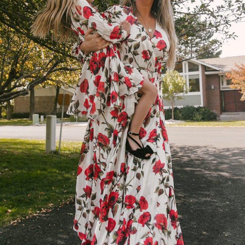 Mom And Daughter Family Matching Floral Long Sleeve Dress