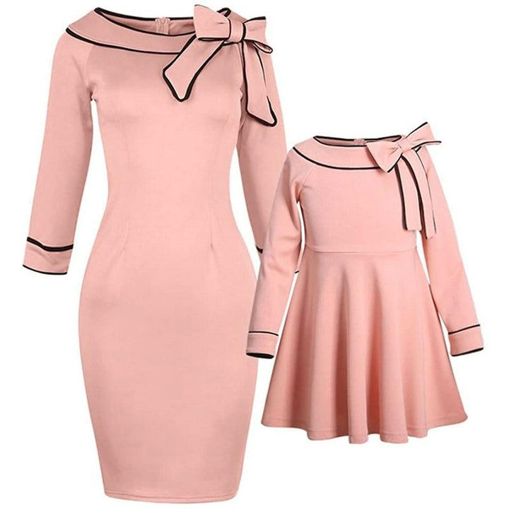 Mother Daughter Bow Pink Dress Family Matching Dress - MomyMall pink / Mother S