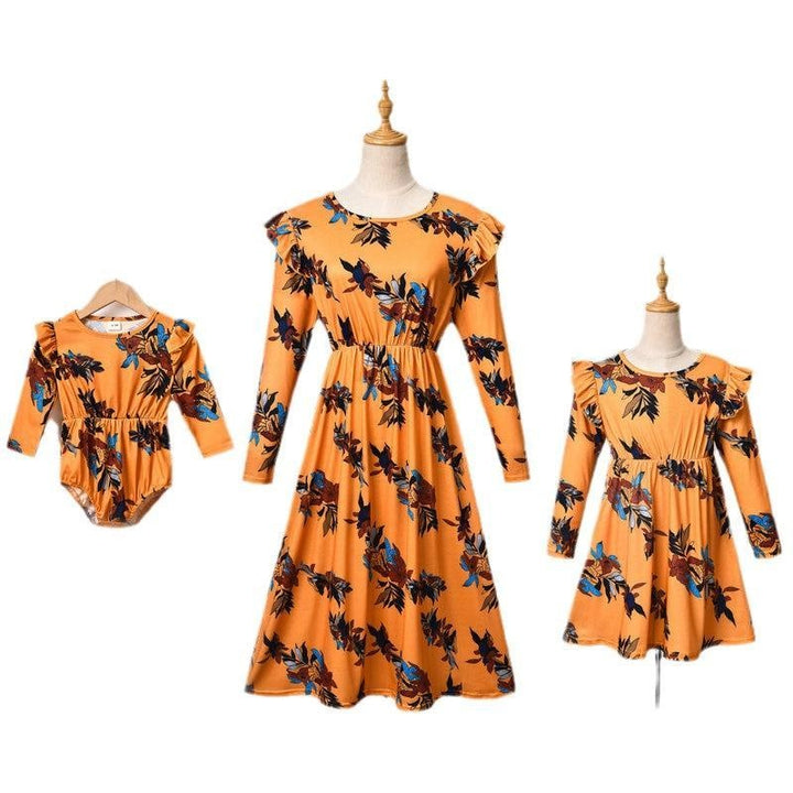 Long Sleeve Mother Daughter Dress Family Matching Halloween Dresses - MomyMall Yellow / Mommy S