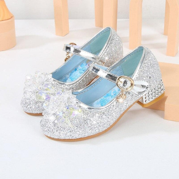 Girls Flowers Casual Glitter High-heeled Bow Shoes - MomyMall