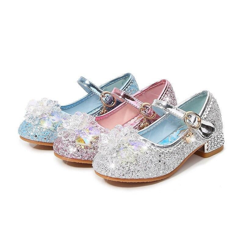 Girls Flowers Casual Glitter High-heeled Bow Shoes - MomyMall