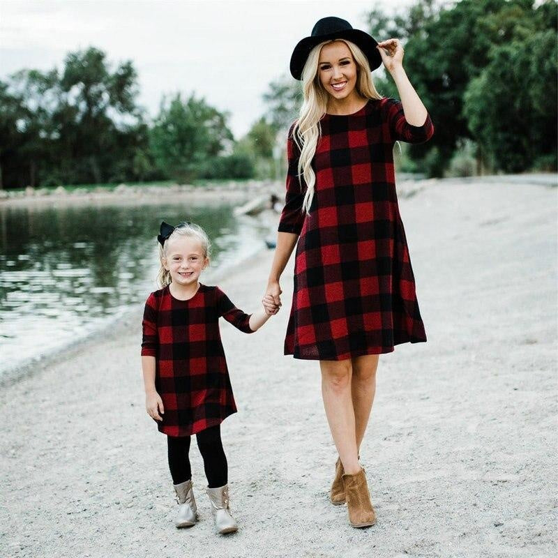 Family Matching Mother Daughter New Year Christmas Plaid Mini Dress - MomyMall