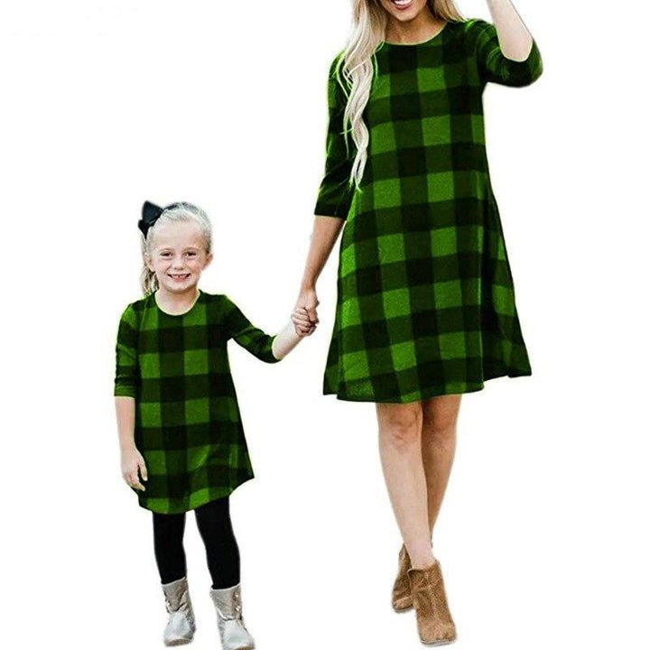 Family Matching Mother Daughter New Year Christmas Plaid Mini Dress - MomyMall Green / Kids 1-2 year