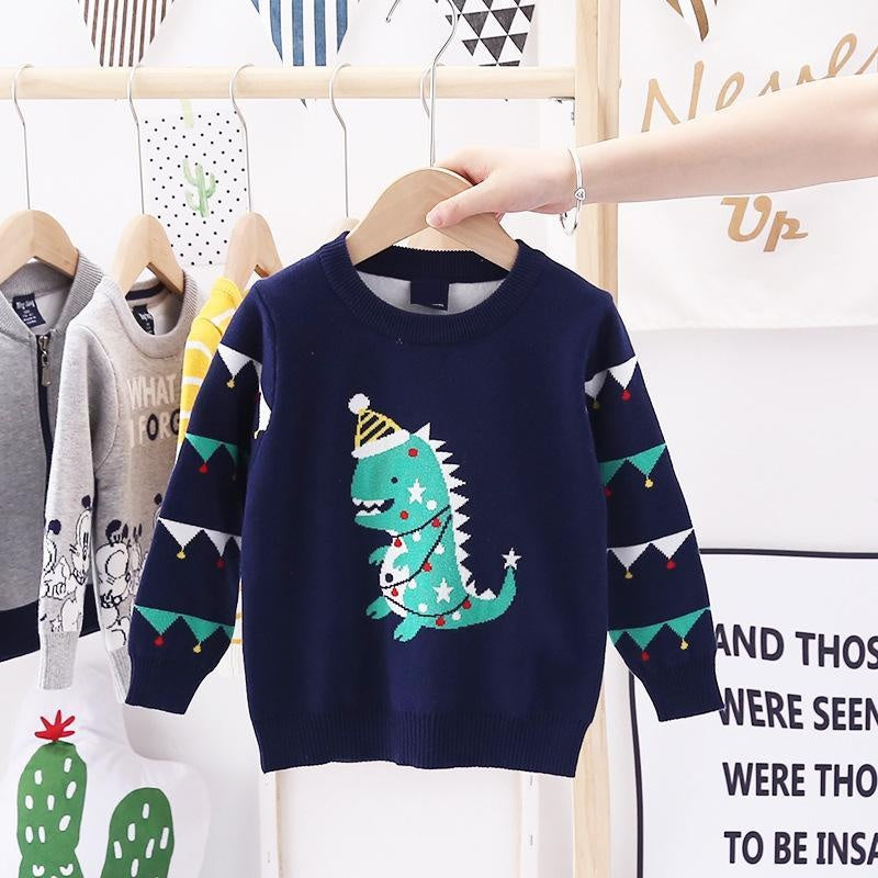 Kids Boys New Christmas Dinosaur Jacquard Double Cotton Cut Sweaters - MomyMall