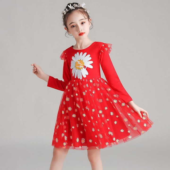 Girl Skirts Korean Gauze Sunflower Dresses 3-10 Years - MomyMall Red / 3-4 Years