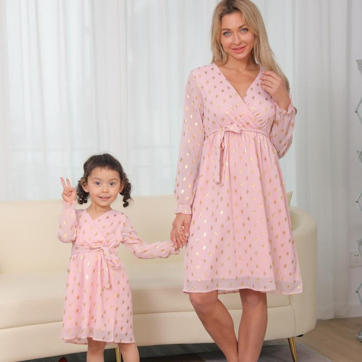 Family Matching Chiffon Long Floral Dress Mother and Daughter Dress - MomyMall Light Pink / S