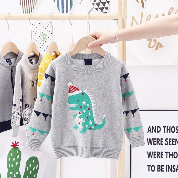 Kids Boys New Christmas Dinosaur Jacquard Double Cotton Cut Sweaters - MomyMall grey / 100cm:2-3years