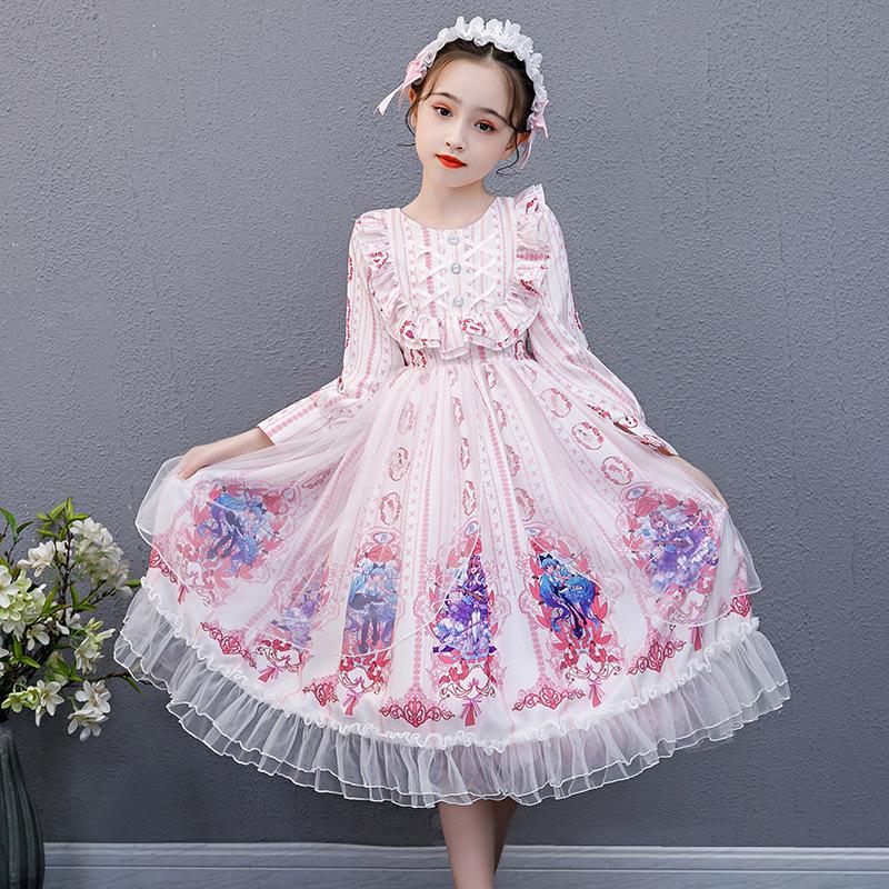 Kids Girl Long-sleeved Lolita Skirt Autumn Princess Cotton Dress - MomyMall