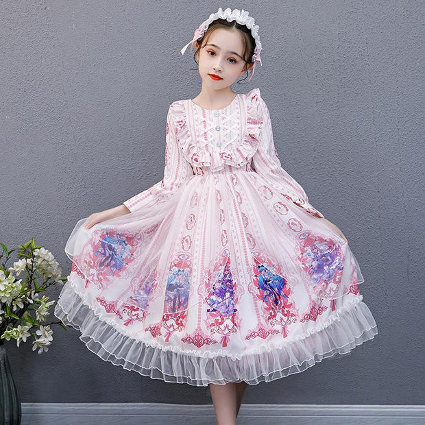 Kids Girl Long-sleeved Lolita Skirt Autumn Princess Cotton Dress - MomyMall