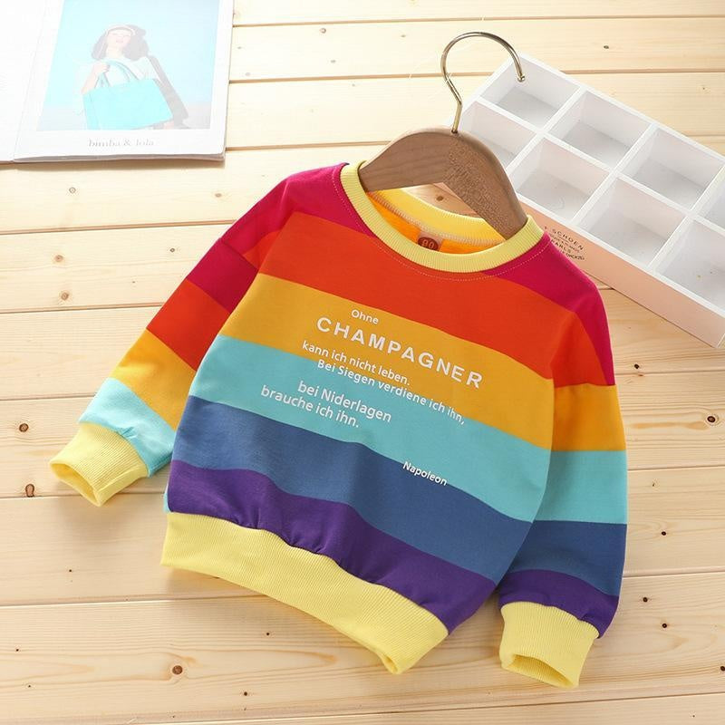 Rainbow Strip Girl  Autumn Shirts Round Neck Pullover