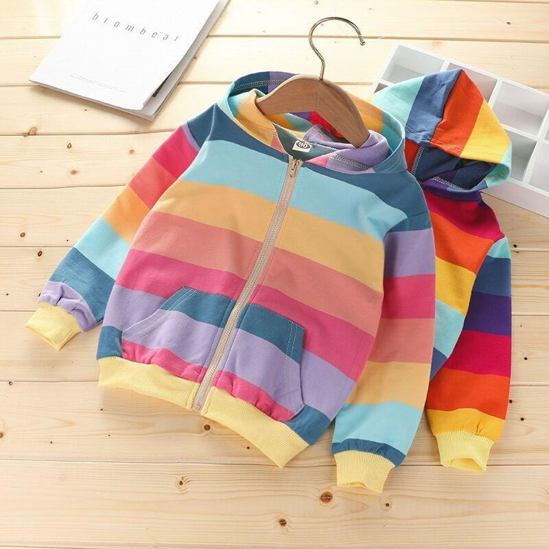 Autumn Baby Girls Jacket Kids Rainbow Stripe Long Sleeve Coat