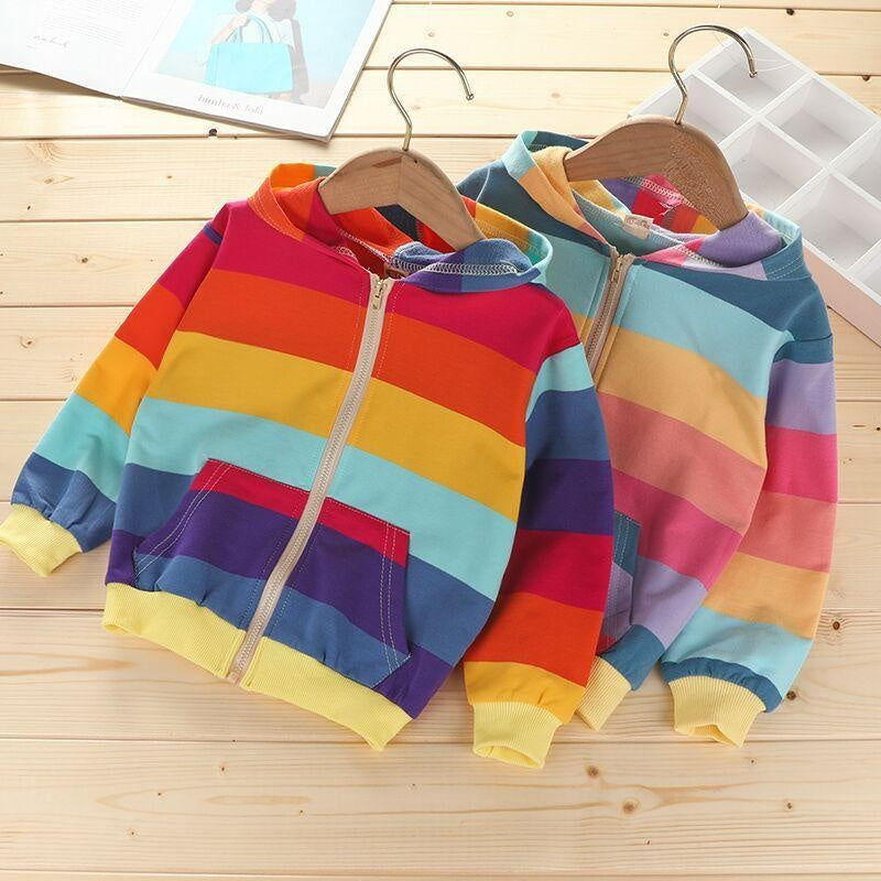 Autumn Baby Girls Jacket Kids Rainbow Stripe Long Sleeve Coat