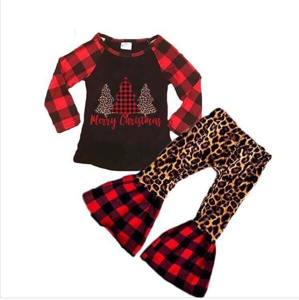 INS Kids Girl Christmas Print Grid Long-sleeved Suits 2 Pcs