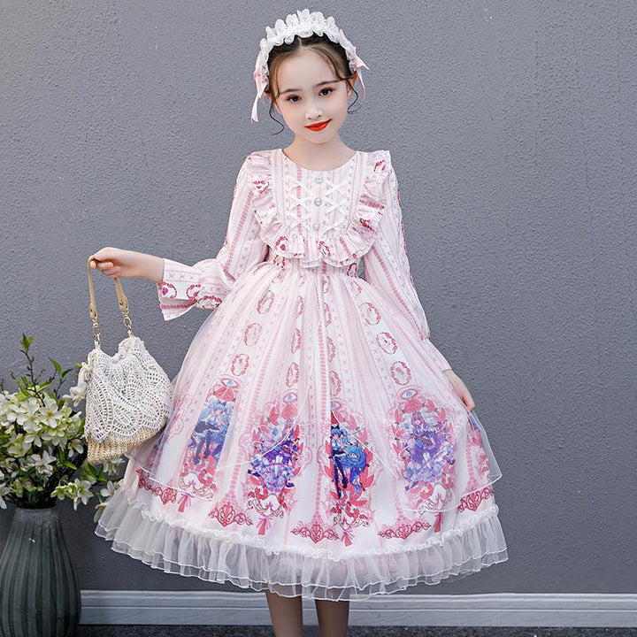 Kids Girl Long-sleeved Lolita Skirt Autumn Princess Cotton Dress - MomyMall Pink / 4-5 Years