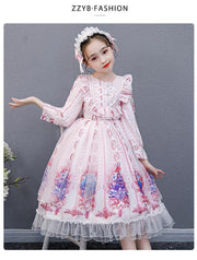 Kids Girl Long-sleeved Lolita Skirt Autumn Princess Cotton Dress - MomyMall