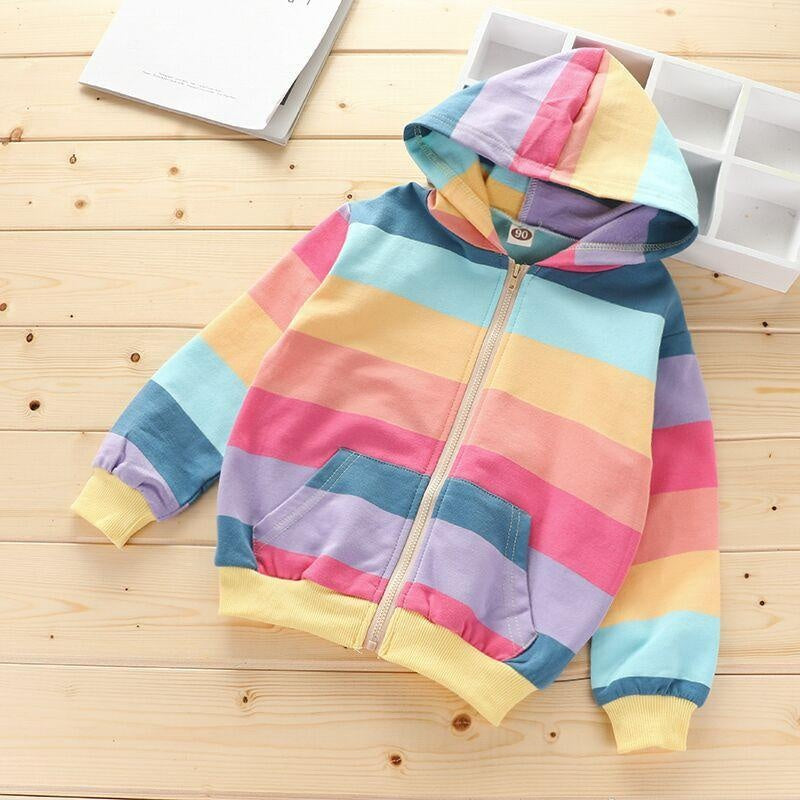 Autumn Baby Girls Jacket Kids Rainbow Stripe Long Sleeve Coat