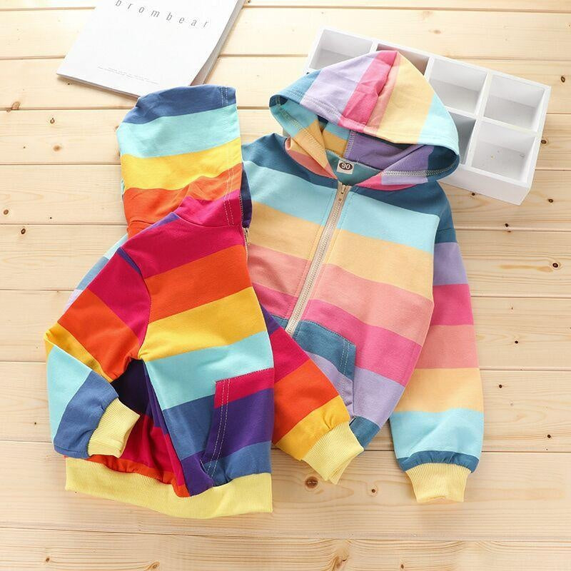 Autumn Baby Girls Jacket Kids Rainbow Stripe Long Sleeve Coat