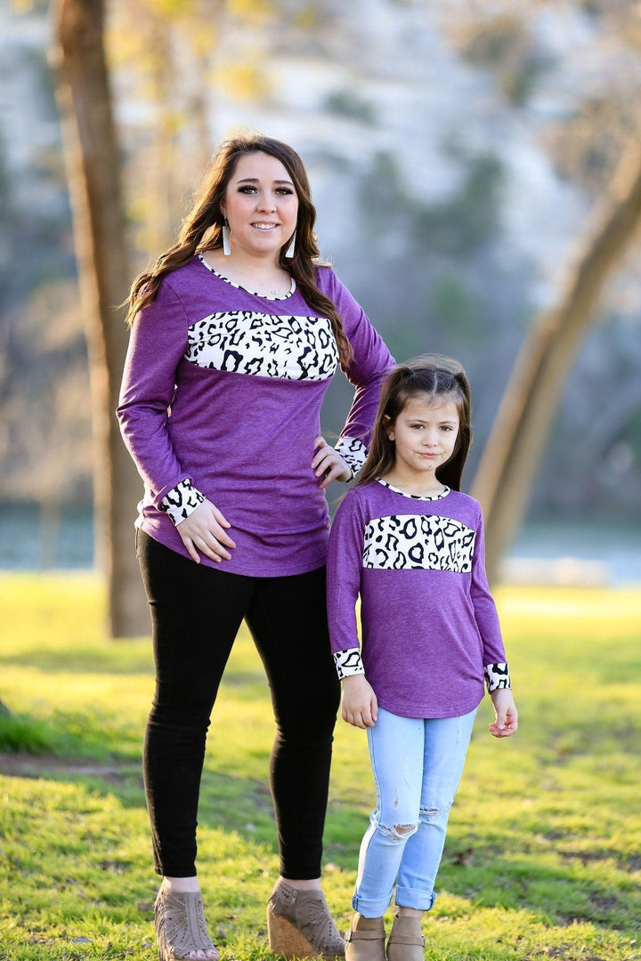 Family Matching Leopard Print Stitching Top Parent-child Shirts - MomyMall Purple / S