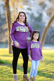 Family Matching Leopard Print Stitching Top Parent-child Shirts - MomyMall Purple / S