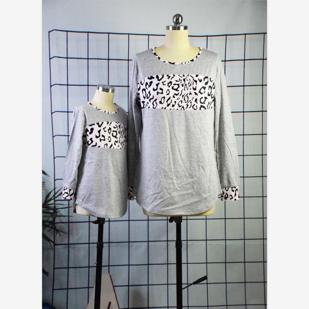Family Matching Leopard Print Stitching Top Parent-child Shirts - MomyMall gray / S