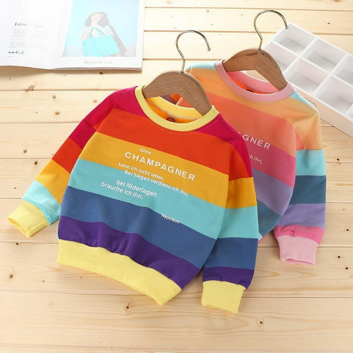 Rainbow Strip Girl  Autumn Shirts Round Neck Pullover