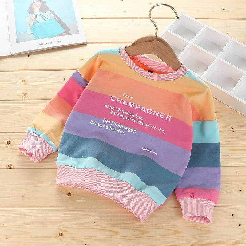 Rainbow Strip Girl  Autumn Shirts Round Neck Pullover