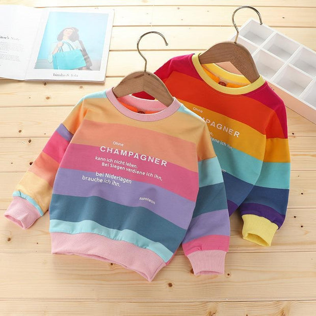 Regenbogenstreifen-Mädchen-Herbsthemden-Pullover mit Rundhalsausschnitt