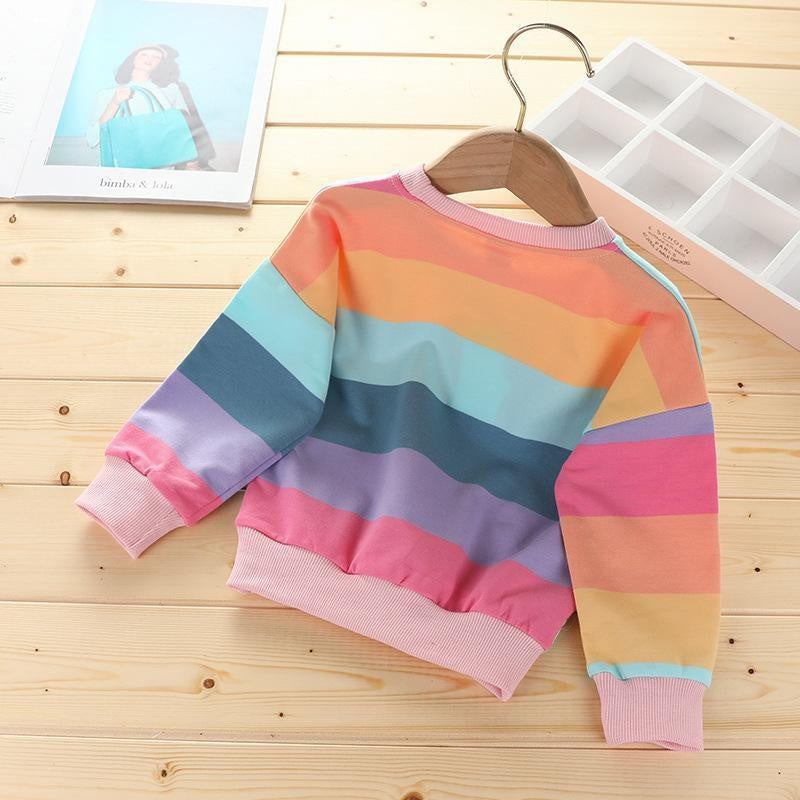 Rainbow Strip Girl  Autumn Shirts Round Neck Pullover