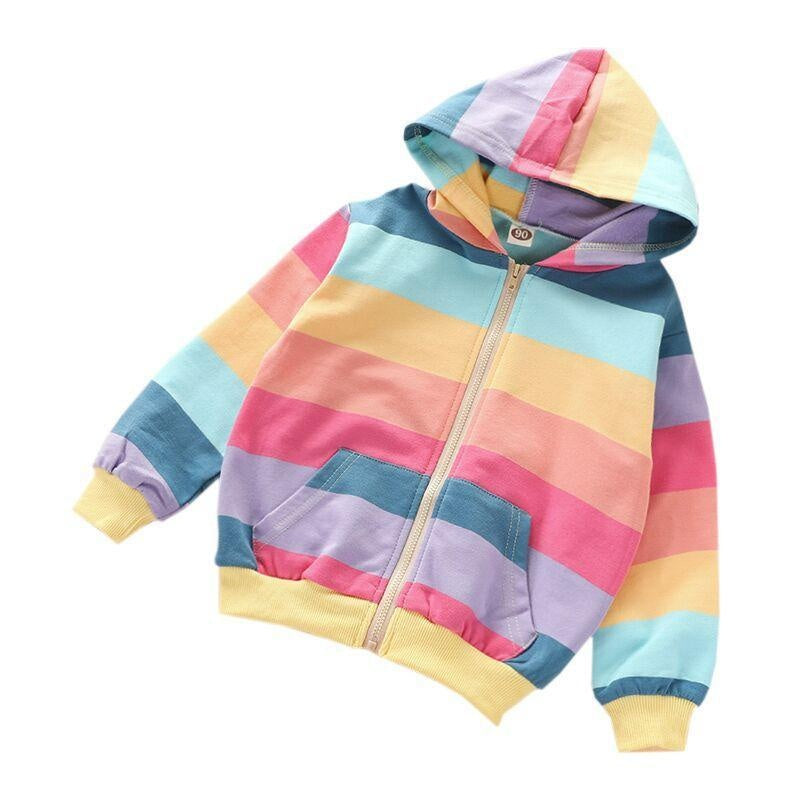 Autumn Baby Girls Jacket Kids Rainbow Stripe Long Sleeve Coat