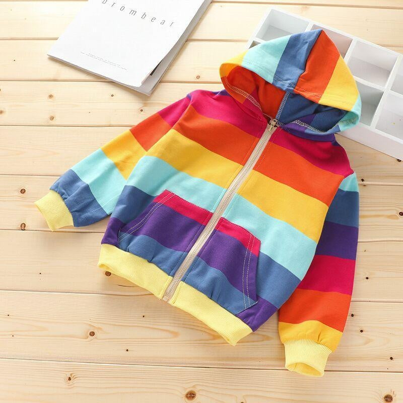 Autumn Baby Girls Jacket Kids Rainbow Stripe Long Sleeve Coat