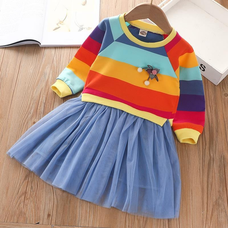 Spring Autumn Girls Long Sleeve Striped Colorful Rainbow Dresses