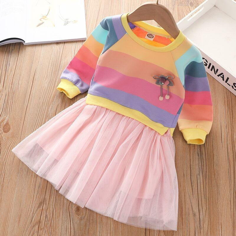 Spring Autumn Girls Long Sleeve Striped Colorful Rainbow Dresses