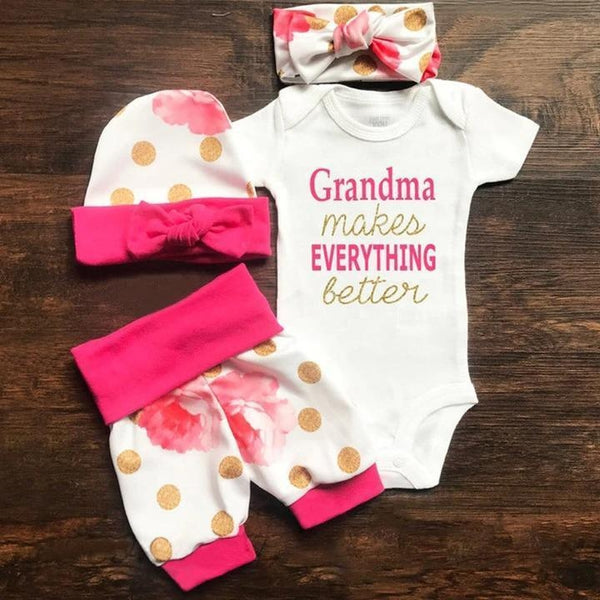 4PCS “Grandma makes EVERYTHING Better” Lovely Floral Printed Baby Set - MomyMall White / 12-18 Months