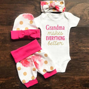 4PCS “Grandma makes EVERYTHING Better” Lovely Floral Printed Baby Set - MomyMall White / 0-3 Months