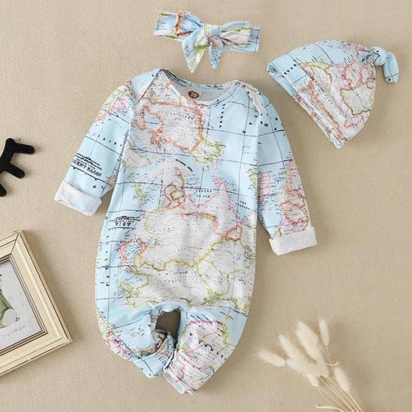 Lovely World Map Printed Long-sleeve Baby Jumpsuit With Hat - MomyMall Blue / 0-3 Months
