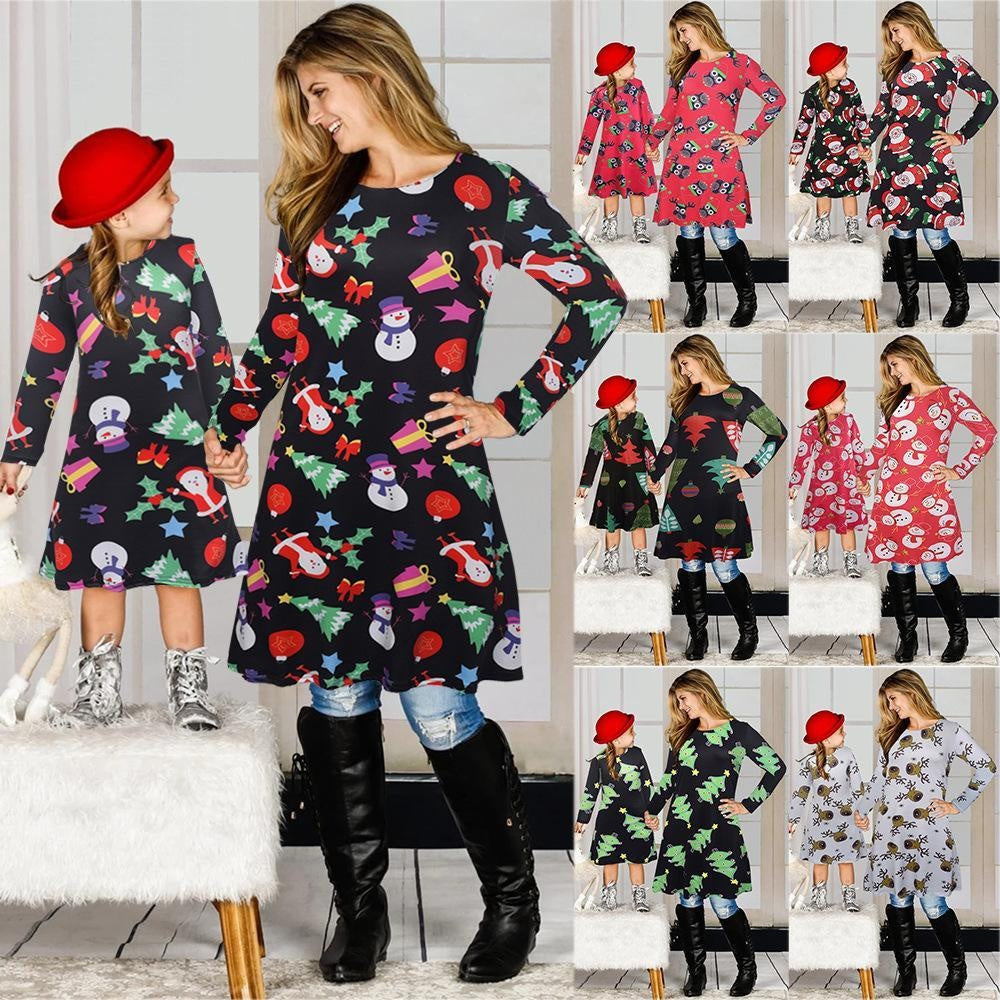 Fmaily Matching Parent-Child Dress Christmas Long-sleeved Print Look Same - MomyMall