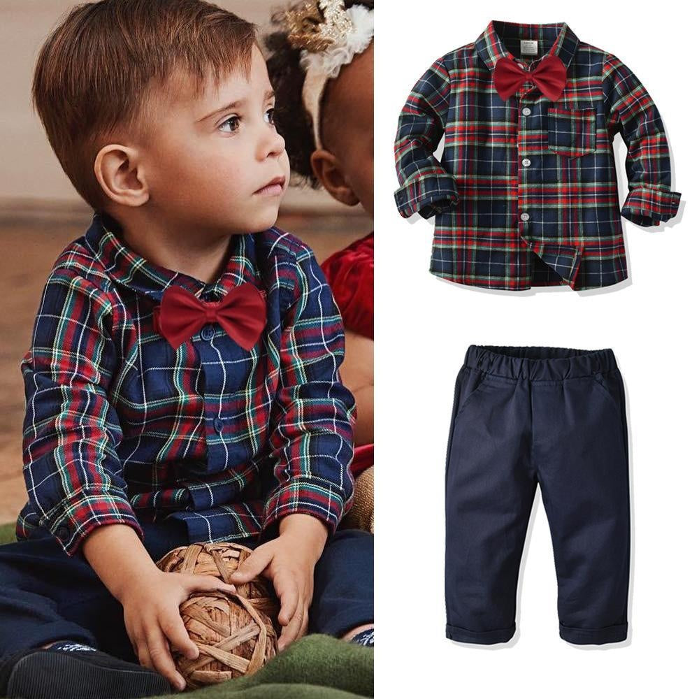 Kids Boys Plaid Spring and Autumn Long Sleeve 3 Pcs Suit - MomyMall Blue / 80cm：6-12months