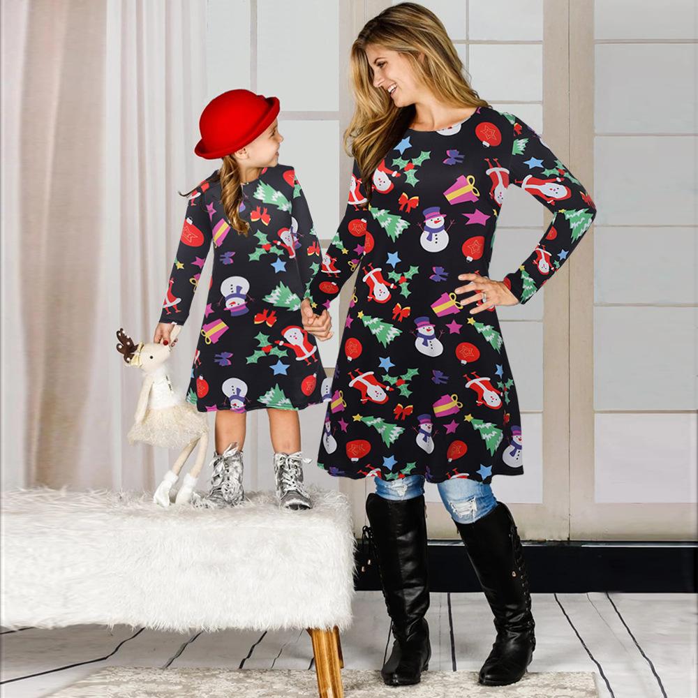 Fmaily Matching Parent-Child Dress Christmas Long-sleeved Print Look Same - MomyMall