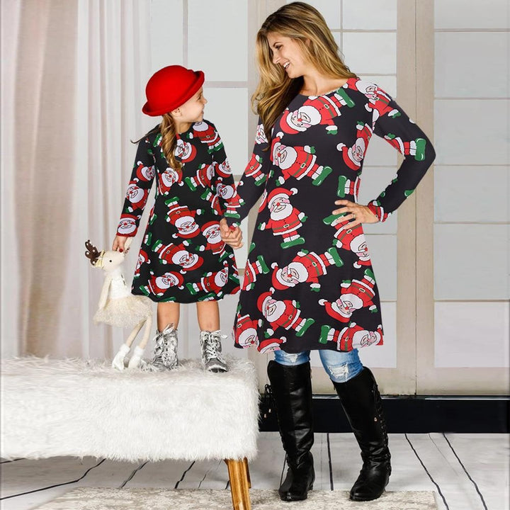 Fmaily Matching Parent-Child Dress Christmas Long-sleeved Print Look Same - MomyMall k202 black / Adult s