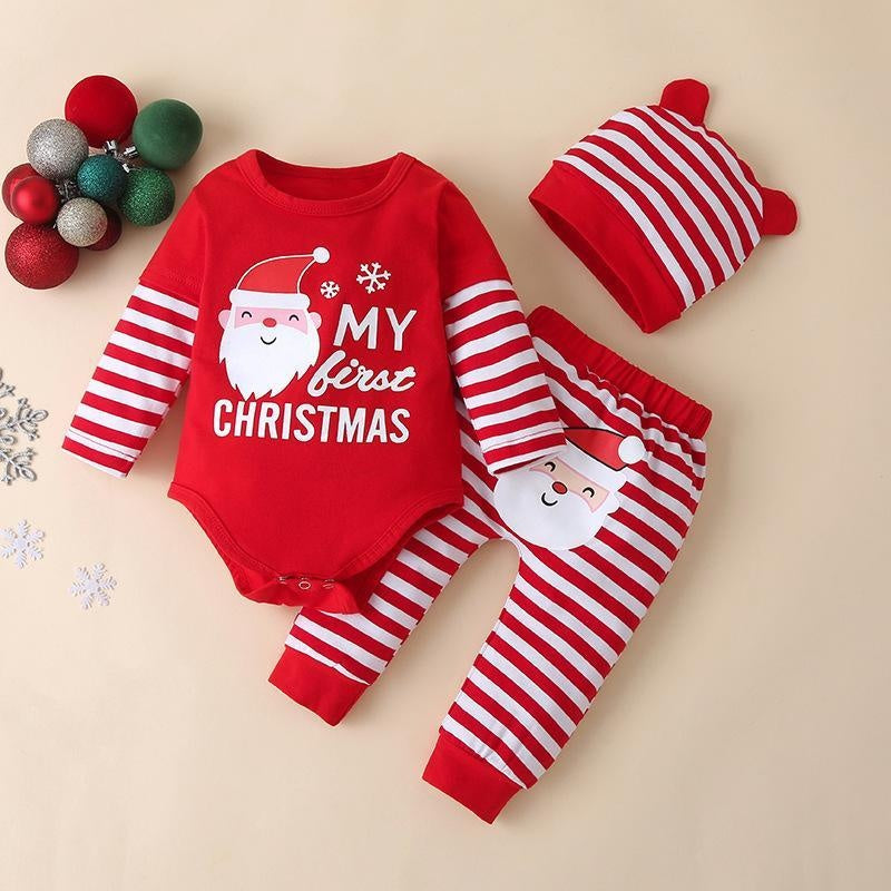 Autumn Baby Christmas Long Sleeve Striped Casual 3 Pcs Suit