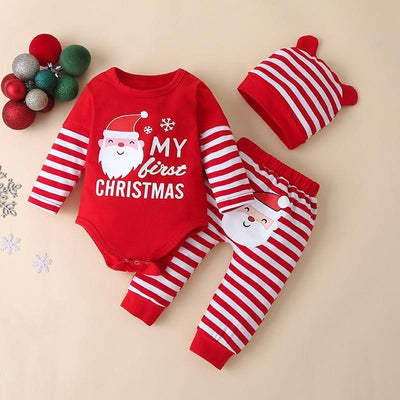 Autumn Baby Christmas Long Sleeve Striped Casual 3 Pcs Suit